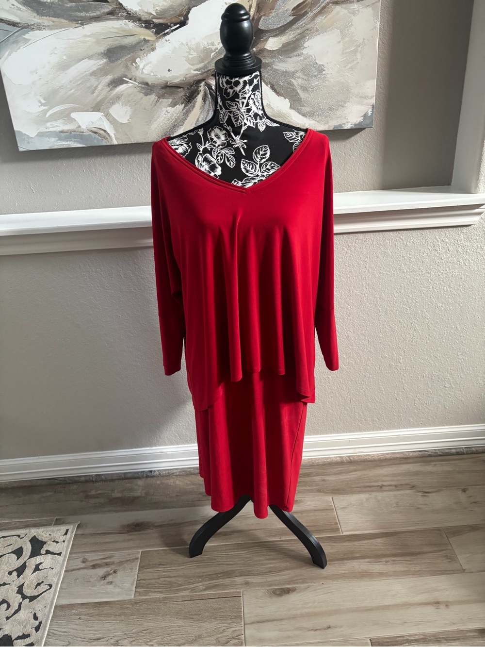 Joseph Ribkoff Red V-Neck Long Sleeve Layered Dress